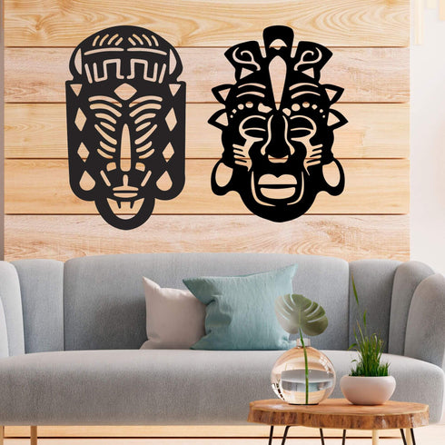 African Masks Set Tribal Faces Wall Mounted Metal Art Home Decoration Ornaments