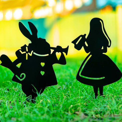 Alice in Wonderland 2 Figurines Metal Art Garden Ornaments Outdoor Decoration Gifts