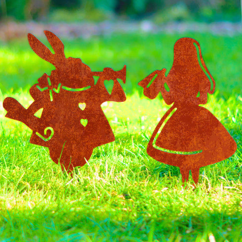 Alice in Wonderland 2 Figurines Metal Art Garden Ornaments Outdoor Decoration Gifts