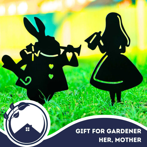 Alice in Wonderland 2 Figurines Metal Art Garden Ornaments Outdoor Decoration Gifts
