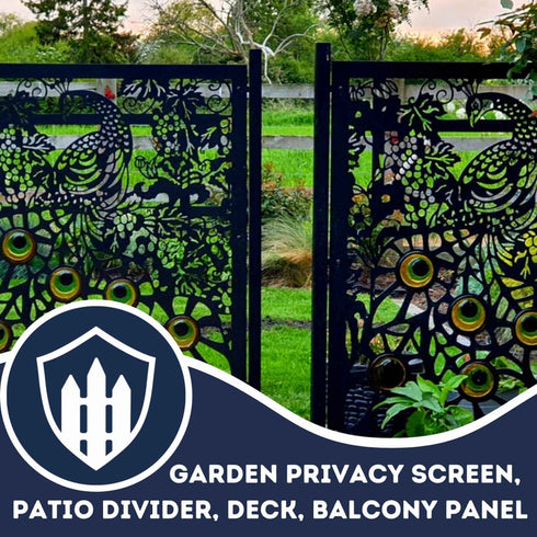 Peacock Garden Fence Panels Privacy Screens with Glass inserts, Metal, Laser Cut, Black Powder Coated. Made in UK