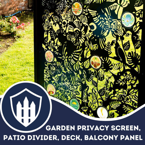 The Exotic Garden Garden Fence Panels Privacy Screens with Glass inserts, Metal, Laser Cut, Black Powder Coated. Made in UK