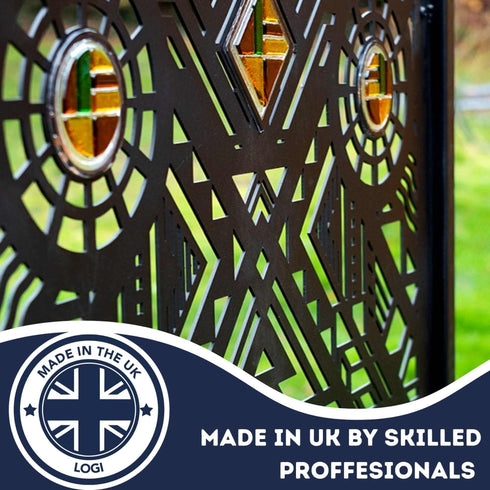 Art Deco Garden Fence Panels Privacy Screens with Glass inserts, Metal, Laser Cut, Black Powder Coated. Made in UK