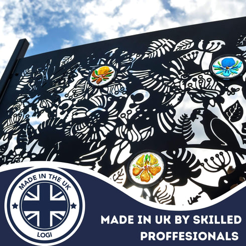 The Exotic Garden Garden Fence Panels Privacy Screens with Glass inserts, Metal, Laser Cut, Black Powder Coated. Made in UK