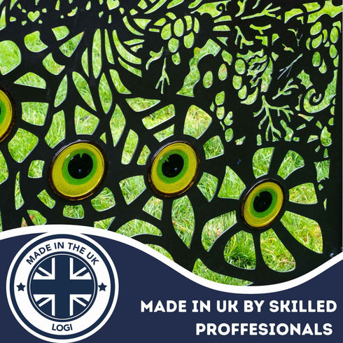 Peacock Garden Fence Panels Privacy Screens with Glass inserts, Metal, Laser Cut, Black Powder Coated. Made in UK