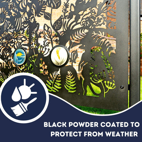 The Exotic Garden Garden Fence Panels Privacy Screens with Glass inserts, Metal, Laser Cut, Black Powder Coated. Made in UK