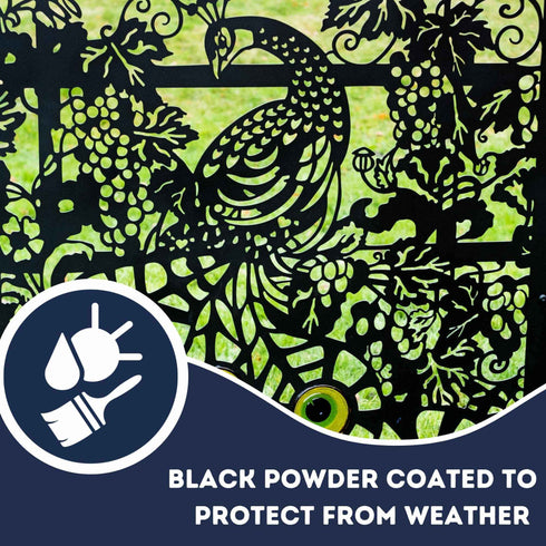 Peacock Garden Fence Panels Privacy Screens with Glass inserts, Metal, Laser Cut, Black Powder Coated. Made in UK