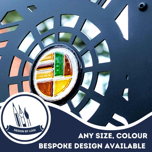 Art Deco Garden Fence Panels Privacy Screens with Glass inserts, Metal, Laser Cut, Black Powder Coated. Made in UK