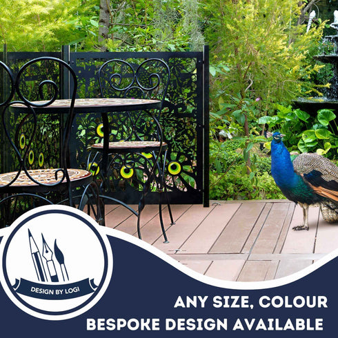 Peacock Garden Fence Panels Privacy Screens with Glass inserts, Metal, Laser Cut, Black Powder Coated. Made in UK