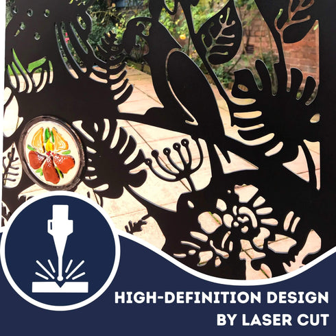 The Exotic Garden Garden Fence Panels Privacy Screens with Glass inserts, Metal, Laser Cut, Black Powder Coated. Made in UK