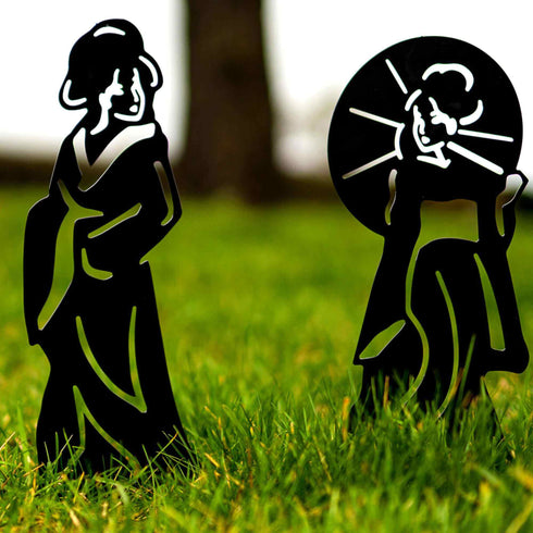 Geishas Garden Ornament Statue, Metal Sculpture for Oriental Japanese Zen Garden, Outdoor Lawn Decoration, Housewarming Gift.