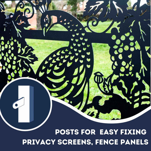 Peacock Garden Fence Panels Privacy Screens with Glass inserts, Metal, Laser Cut, Black Powder Coated. Made in UK