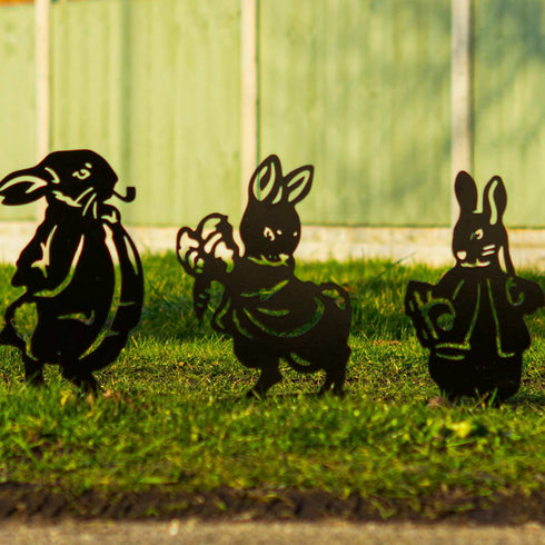 3 Rabbits Garden Stakes Set- Easter Bunny Metal Decor White Rabbit Metal Yard Art Garden Metal Hare Stakes