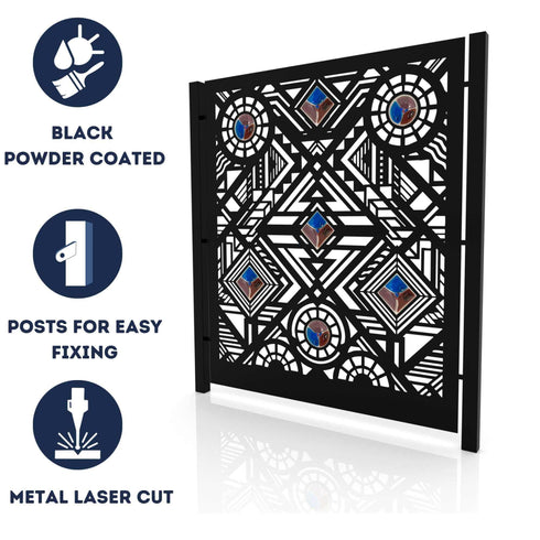 Art Deco Garden Fence Panels Privacy Screens with Glass inserts, Metal, Laser Cut, Black Powder Coated. Made in UK