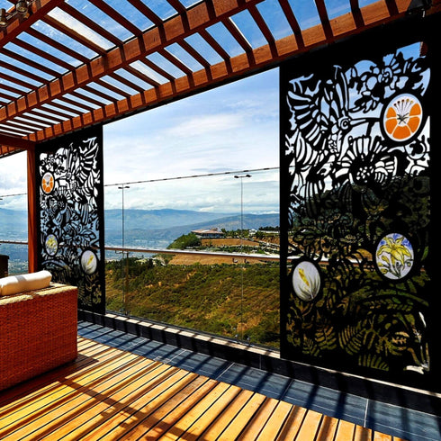 The Exotic Garden Garden Fence Panels Privacy Screens with Glass inserts, Metal, Laser Cut, Black Powder Coated. Made in UK