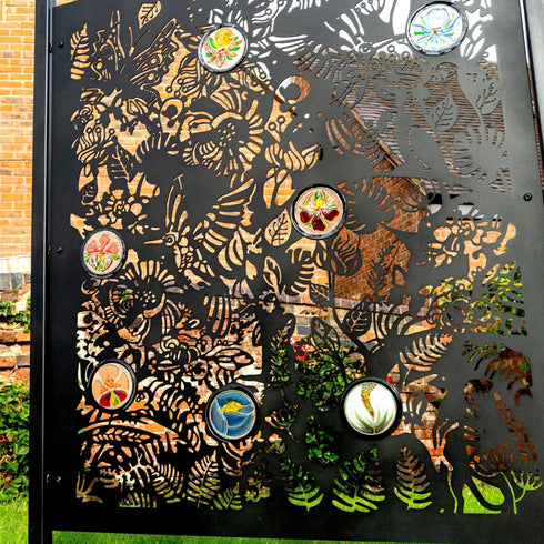 The Exotic Garden Garden Fence Panels Privacy Screens with Glass inserts, Metal, Laser Cut, Black Powder Coated. Made in UK