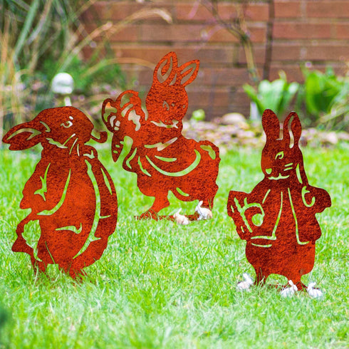 3 Rabbits Garden Stakes Set- Easter Bunny Metal Decor White Rabbit Metal Yard Art Garden Metal Hare Stakes