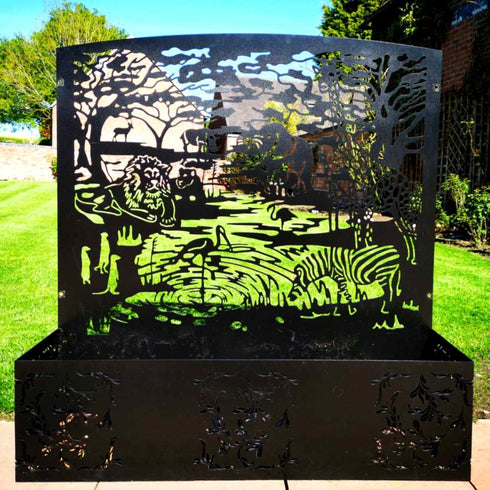 Safari Metal Planter Steel Trough Rectangular Plant Pot with Container 1x1.15m Laser Cut Black Powder Coated Free Standing Privacy Screen Made in UK