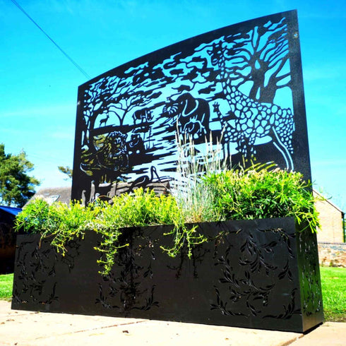 Safari Metal Planter Steel Trough Rectangular Plant Pot with Container 1x1.15m Laser Cut Black Powder Coated Free Standing Privacy Screen Made in UK