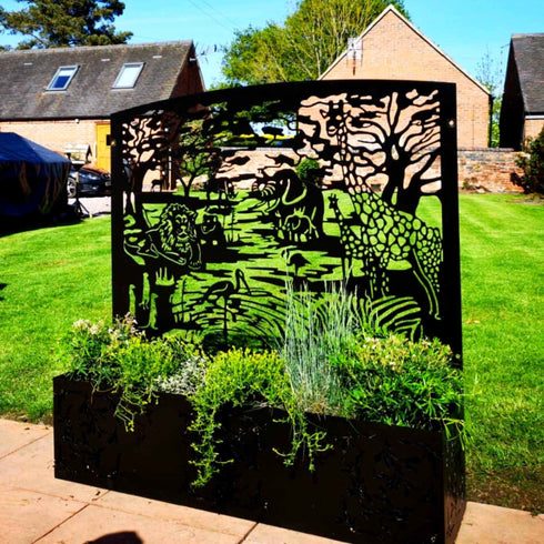 Safari Metal Planter Steel Trough Rectangular Plant Pot with Container 1x1.15m Laser Cut Black Powder Coated Free Standing Privacy Screen Made in UK