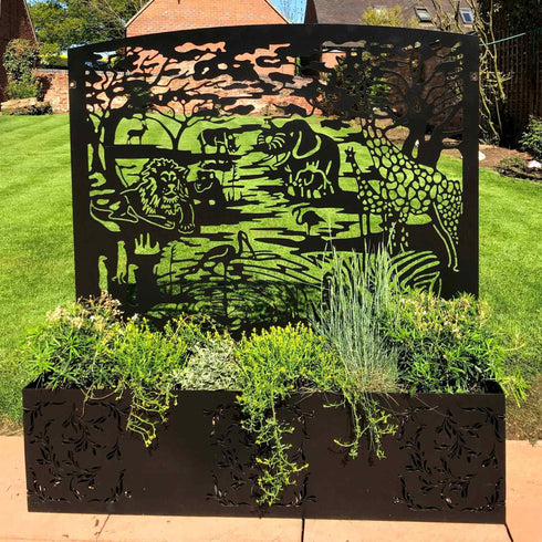 Safari Metal Planter Steel Trough Rectangular Plant Pot with Container 1x1.15m Laser Cut Black Powder Coated Free Standing Privacy Screen Made in UK
