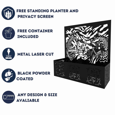 Dragons Metal Planter Steel Trough Rectangular Plant Pot with Container 1x1.15m Laser Cut Black Powder Coated Free Standing Privacy Screen Made in UK