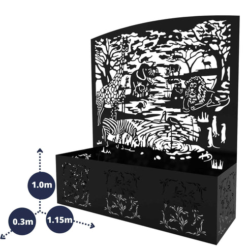 Safari Metal Planter Steel Trough Rectangular Plant Pot with Container 1x1.15m Laser Cut Black Powder Coated Free Standing Privacy Screen Made in UK