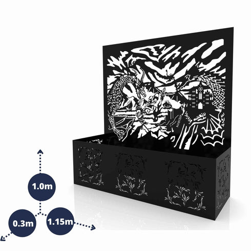 Dragons Metal Planter Steel Trough Rectangular Plant Pot with Container 1x1.15m Laser Cut Black Powder Coated Free Standing Privacy Screen Made in UK