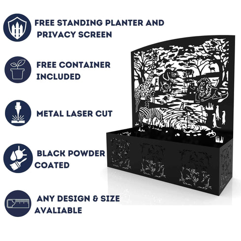 Safari Metal Planter Steel Trough Rectangular Plant Pot with Container 1x1.15m Laser Cut Black Powder Coated Free Standing Privacy Screen Made in UK