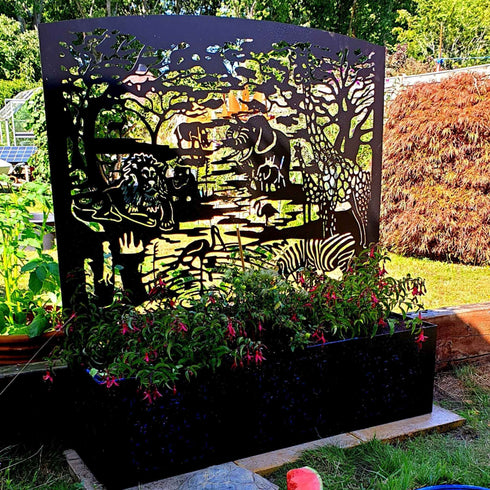 Safari Metal Planter Steel Trough Rectangular Plant Pot with Container 1x1.15m Laser Cut Black Powder Coated Free Standing Privacy Screen Made in UK