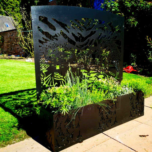 Dragons Metal Planter Steel Trough Rectangular Plant Pot with Container 1x1.15m Laser Cut Black Powder Coated Free Standing Privacy Screen Made in UK