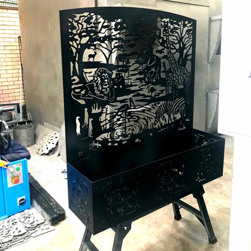 Safari Metal Planter Steel Trough Rectangular Plant Pot with Container 1x1.15m Laser Cut Black Powder Coated Free Standing Privacy Screen Made in UK