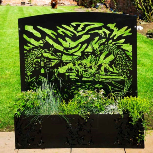 Dragons Metal Planter Steel Trough Rectangular Plant Pot with Container 1x1.15m Laser Cut Black Powder Coated Free Standing Privacy Screen Made in UK