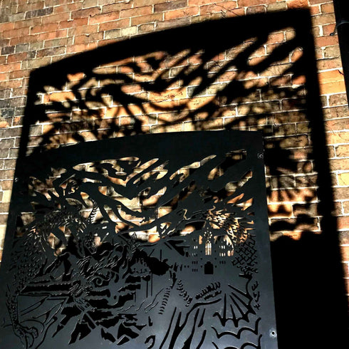 Dragons Metal Planter Steel Trough Rectangular Plant Pot with Container 1x1.15m Laser Cut Black Powder Coated Free Standing Privacy Screen Made in UK